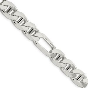 Mens 10.6mm Sterling Silver Solid Figaro Anchor Chain Necklace, 26 In